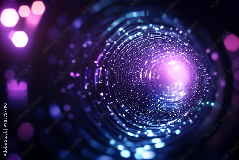 Obraz premium Swirling digital tunnel with glowing lights in a futuristic abstract background.