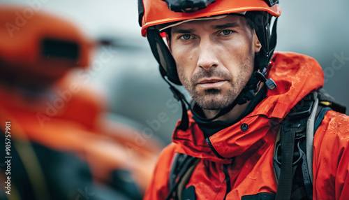 Man in bright orange jacket and helmet, difficult terrain emergency team or paramedic, closeup portrait. Generative AI