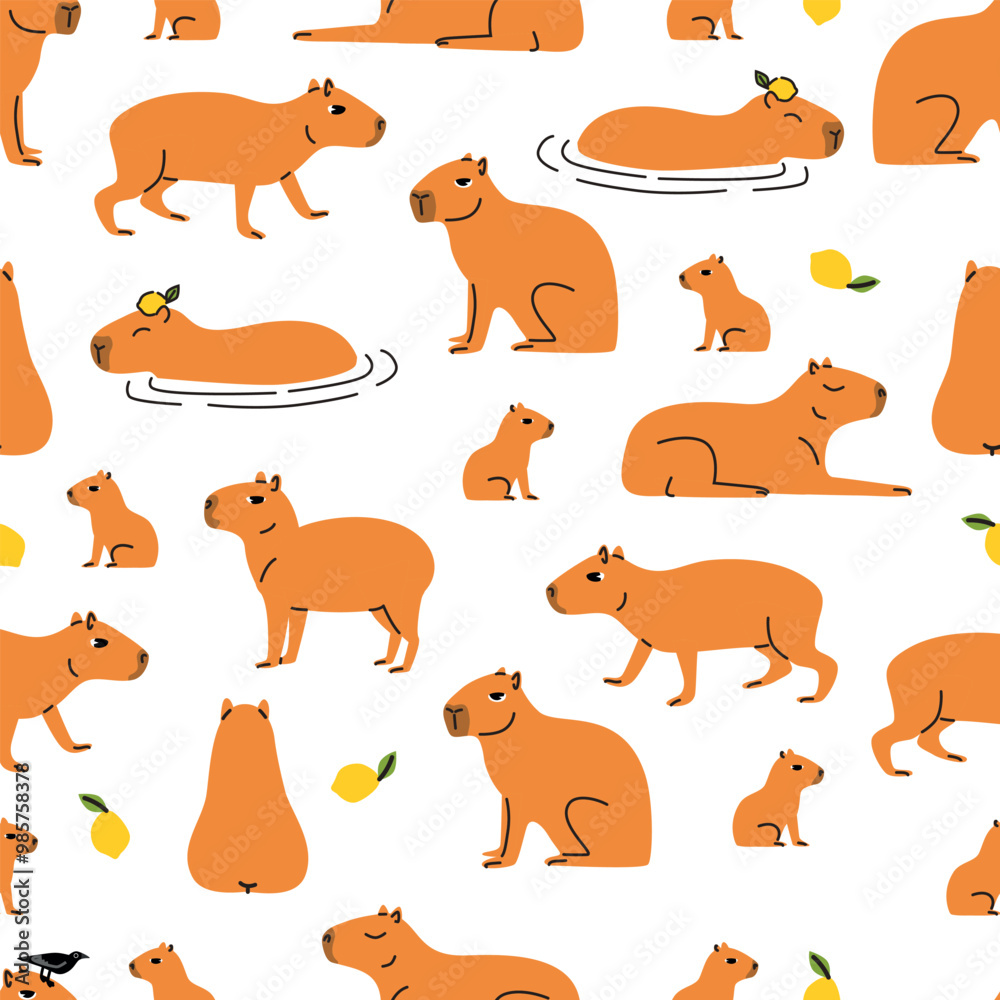 Obraz premium Capybaras seamless pattern. Cute capybaras walk and relax and swim. Animals on white background wallpaper.