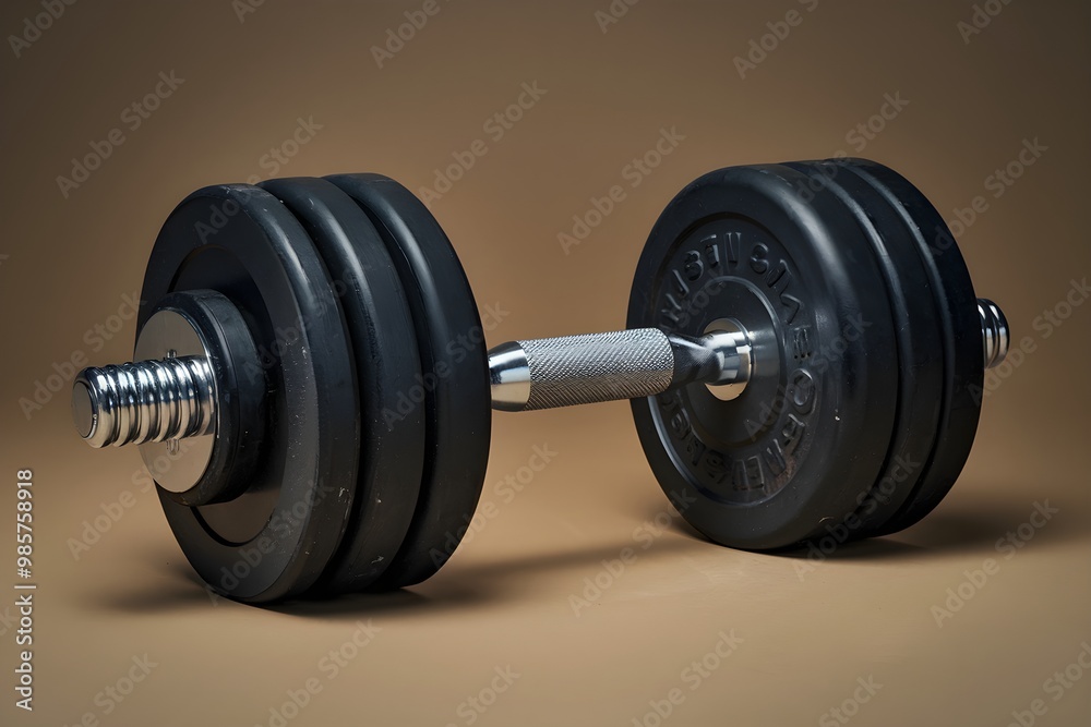 Dumbbell with metallic handle, black weighted plates, textured rubber like handle Dumbbell with metallic handle, black weighted plates, textured rubber like handle