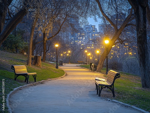 Fototapeta Naklejka Na Ścianę i Meble -  A picturesque path through a park with benches and lampposts on a summer evening.