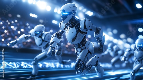 Futuristic sports robots competing in a high-tech virtual sports stadium, showing dynamic action with glowing lights and animated crowd cheering from the stands 