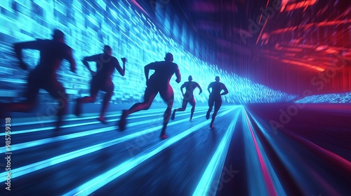 Track and field 4D race with animated athletes sprinting in a futuristic stadium, glowing lights and cheering crowd adding high-energy intensity to the competition  photo