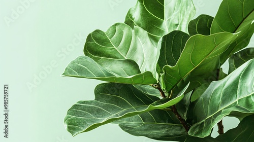 Closeup of green fiddle leaf fig leaves against a light green background. photo