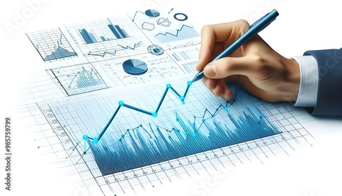 Hand drawing a blue graph curve on a transparent grid, concept of analysis, isolated on white background