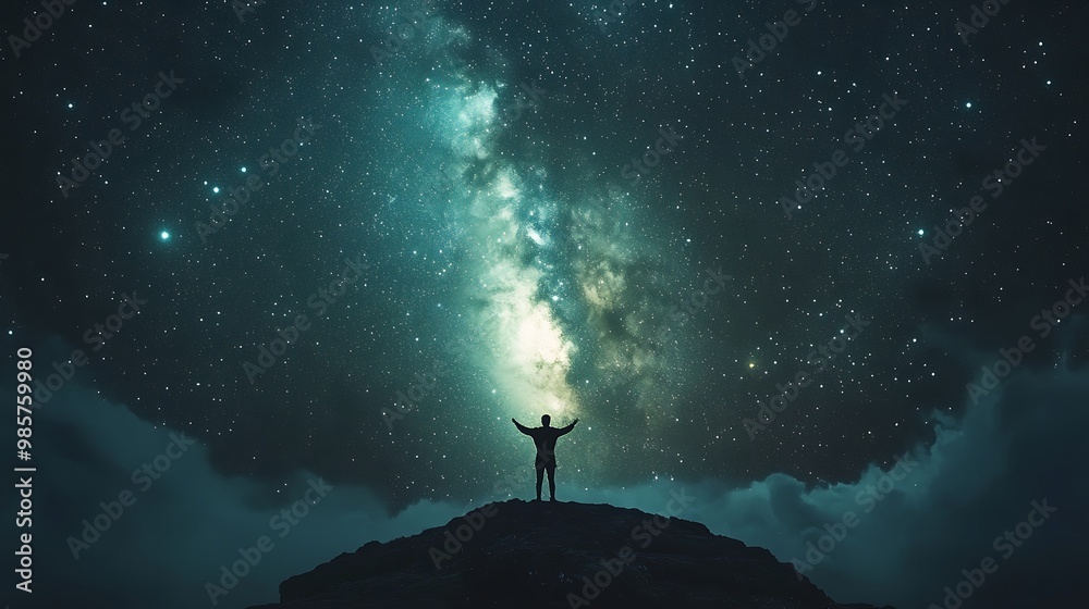 A lone figure stands on a mountain peak, arms outstretched, gazing up at the Milky Way galaxy above. A lone figure stands on a mountain peak, arms outstretched, gazing up at the Milky Way galaxy above.