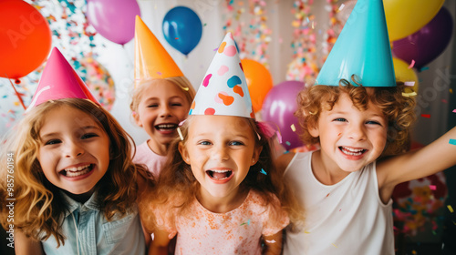 cheerful smiling children at kids party, birthday, balloons, bright outfits, childhood atmosphere, boy, girl, happy child, kid, joy, celebration, festive background, friends, group, teenagers