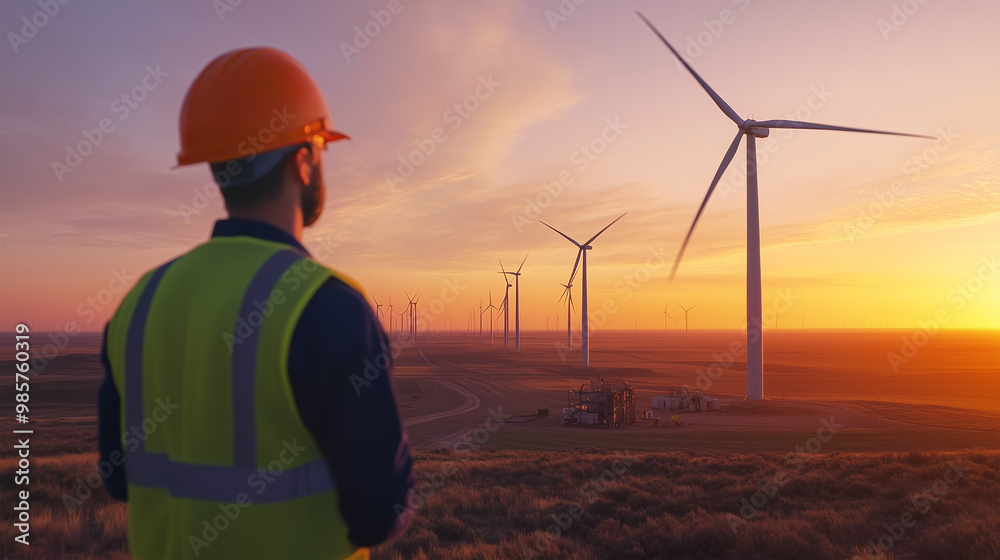 A man in a safety vest stands in front of a wind farm A man in a safety vest stands in front of a wind farm