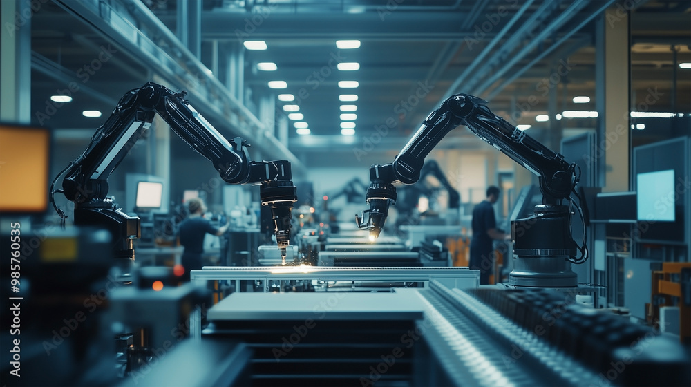 Two robots are working in a factory Two robots are working in a factory