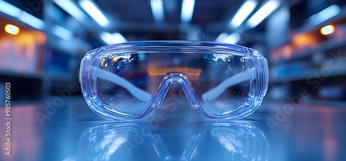 Clear safety goggles on a blue surface in a lab setting.