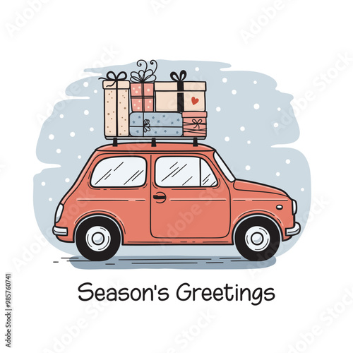 Hand drawn Christmas illustration with small car carrying gift boxes on its roof. Seasons greetings hand written lettering