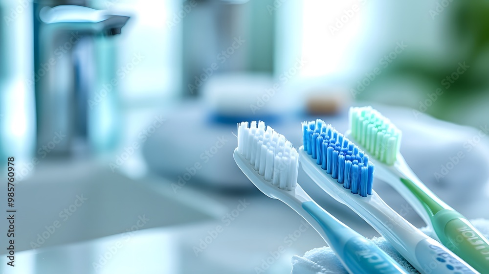 Three toothbrushes on a bathroom counter. Three toothbrushes on a bathroom counter.