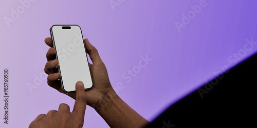 Asian male using smartphone with a blank white screen. Gradient, lavender, violet apps mockup. Vertical phone orientation photo