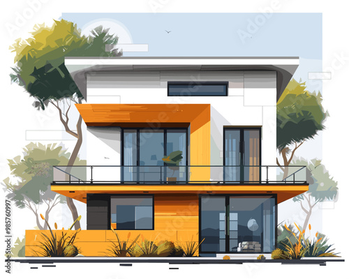 Vector illustration of a modern house in the middle of nature with trees