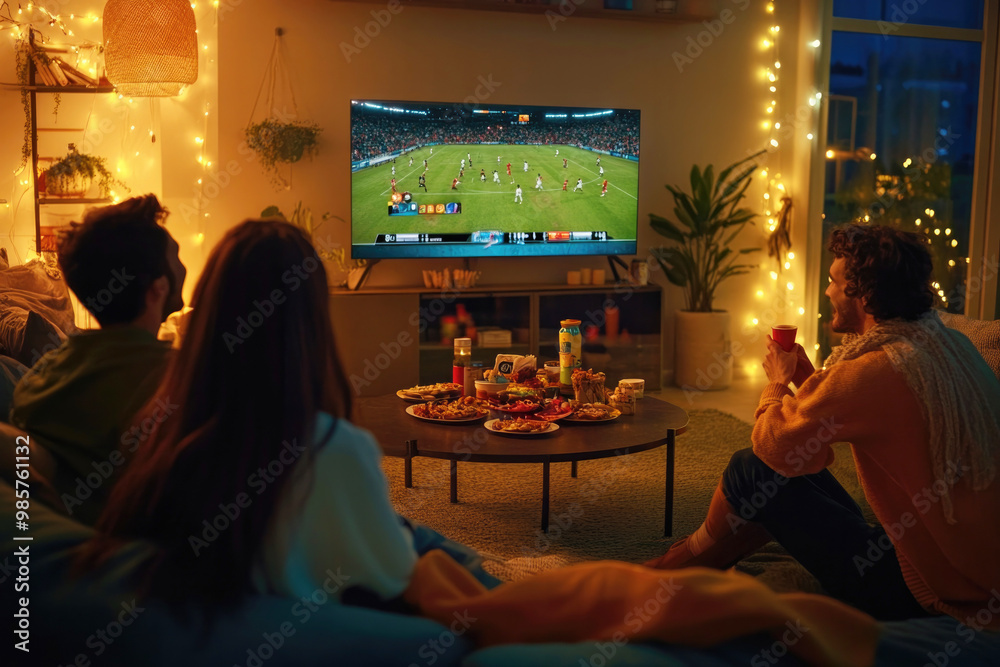 Friends enjoying snacks and watching a football match on TV in a warmly lit room. Friends enjoying snacks and watching a football match on TV in a warmly lit room.