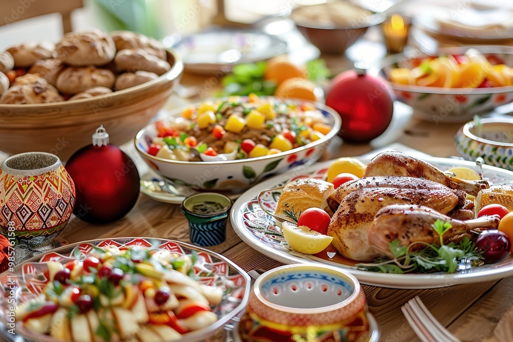 Festive table set with diverse delicious dishes for celebration Festive table set with diverse delicious dishes for celebration