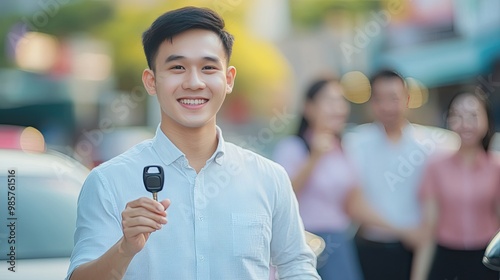 Happy Asian Man Holding Car Keys In Front of Blurred City Background photo