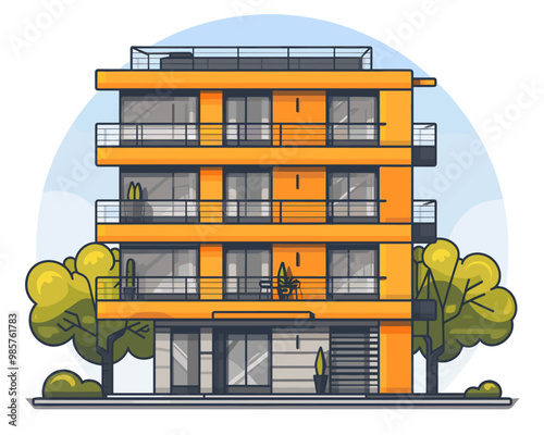 Vector illustration of a modern apartment building on a background of green trees