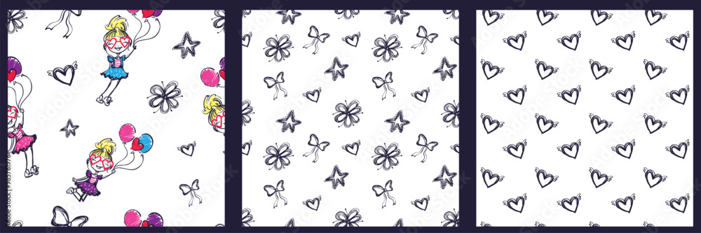 Seamless pattern with a cute cartoon girl holding colorful balloons, surrounded by hearts, stars, and flowers, bows. Fun playful design, perfect for kids clothing, accessories, birthday party decor Seamless pattern with a cute cartoon girl holding colorful balloons, surrounded by hearts, stars, and flowers, bows. Fun playful design, perfect for kids clothing, accessories, birthday party decor