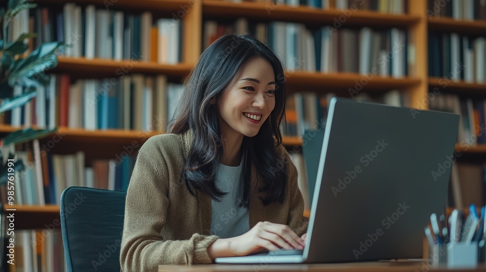 Happy Woman Working On Laptop In Library Happy Woman Working On Laptop In Library