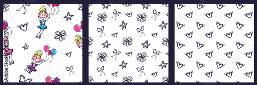 Seamless pattern with a cute cartoon girl holding colorful balloons, surrounded by hearts, stars, and flowers, bows. Fun playful design, perfect for kids clothing, accessories, birthday party decor