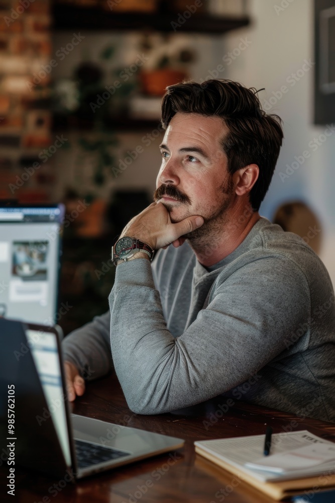 Thoughtful Man in Home Office: Reflection and Productivity during Movember Campaign