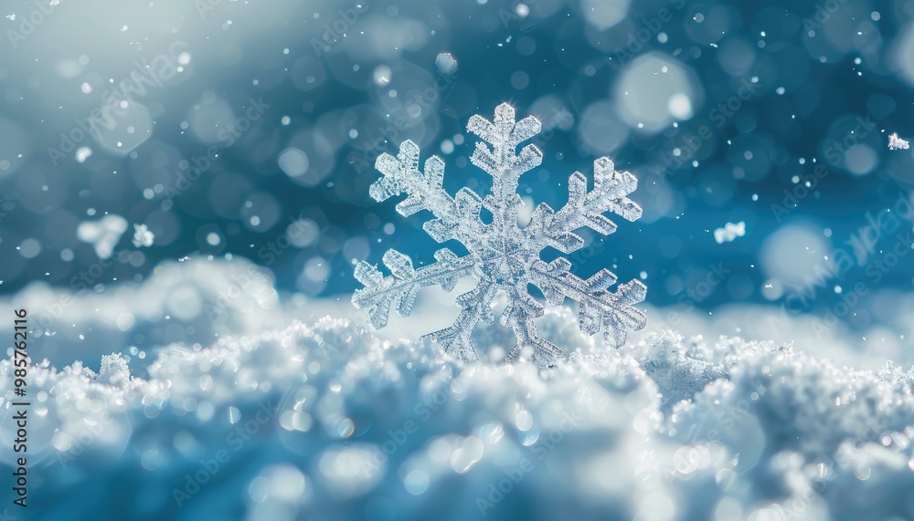 A Crystallized Snowflake Resting in Snow with a Blue Bokeh Background A Crystallized Snowflake Resting in Snow with a Blue Bokeh Background