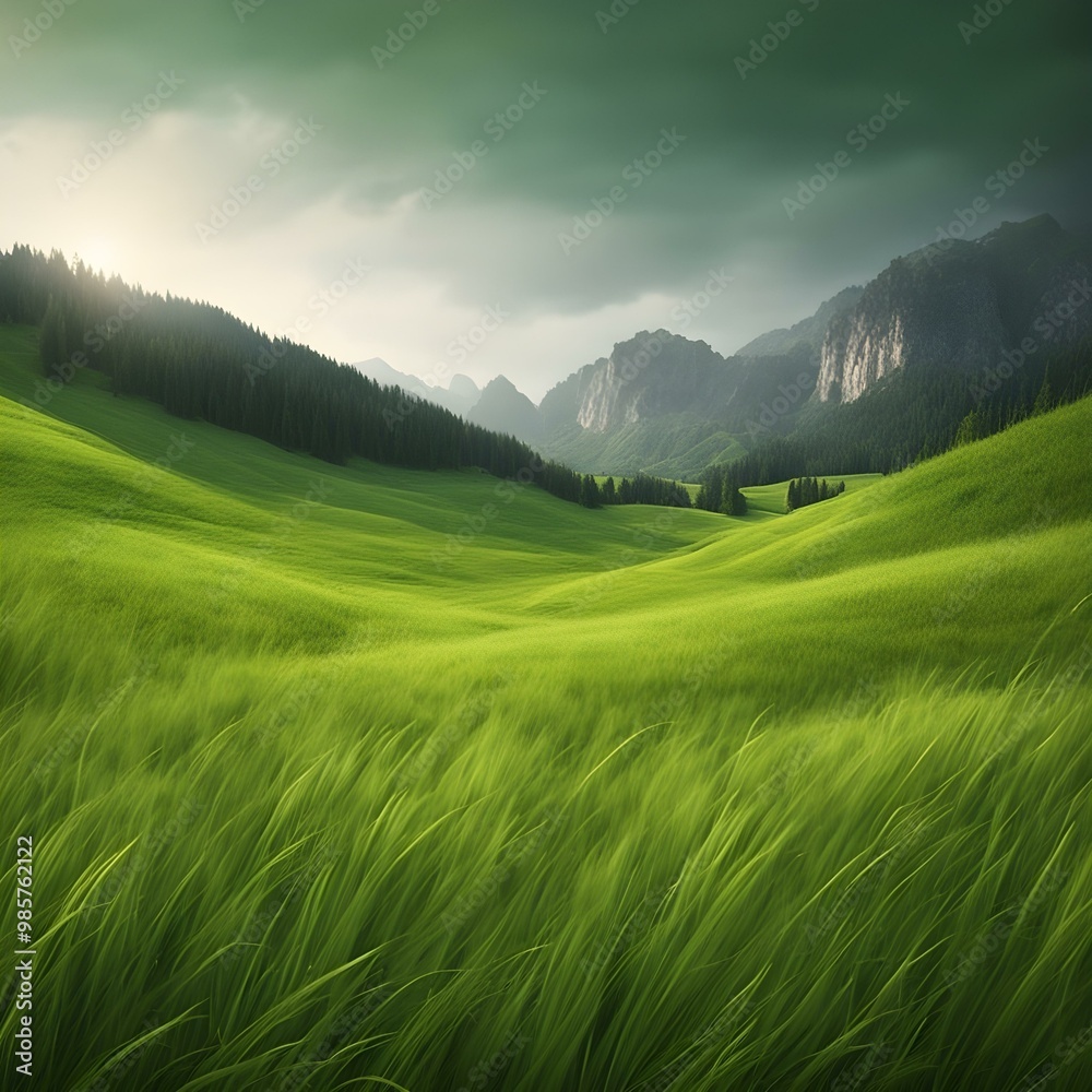 Obraz premium green mountain grassland valley of grass and forest