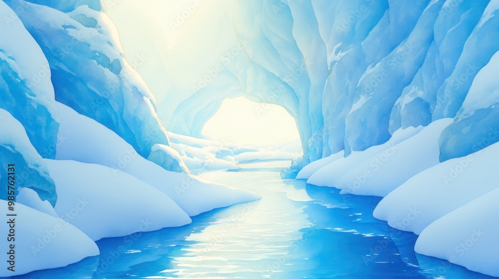 Frozen canyon, glowing ice formations and a shimmering river below, ethereal winter landscape, watercolor Frozen canyon, glowing ice formations and a shimmering river below, ethereal winter landscape, watercolor