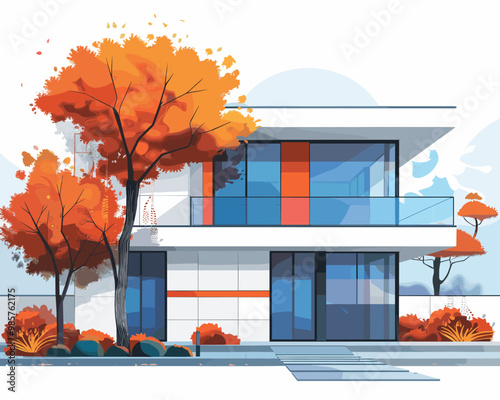 Modern apartment building on the background of autumn trees. Vector illustration.