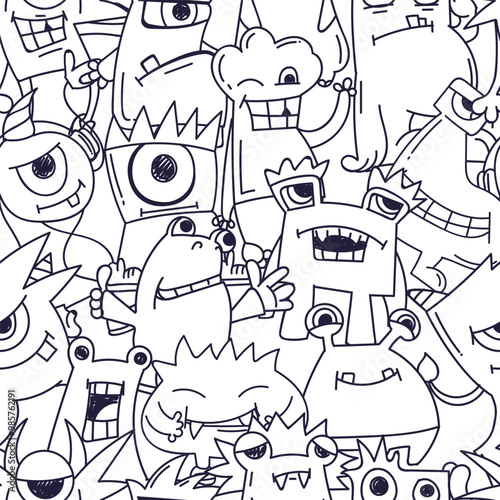 cartoon monsters Character seamless pattern. 
Linear ornament with dude monsters. Monochrome print for kid textile, Halloween wrapping paper.