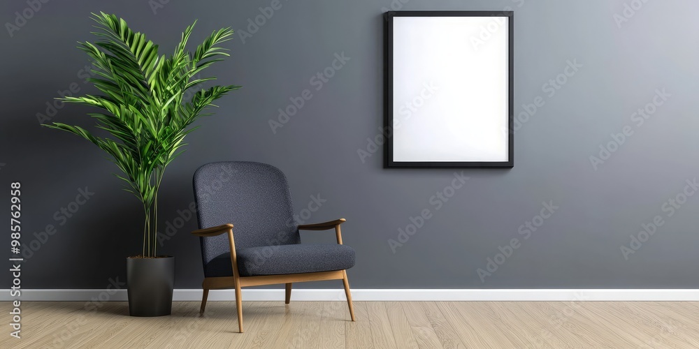 A minimalist living room interior with a gray wall, wooden floor, a single armchair, a plant, and a framed mockup poster. A minimalist living room interior with a gray wall, wooden floor, a single armchair, a plant, and a framed mockup poster.