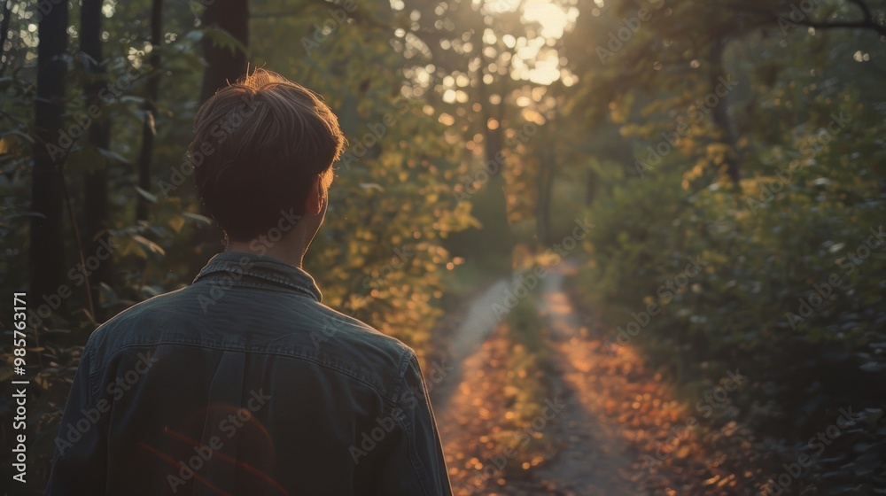 Man Walking Along a Forest Path at Dusk - Serene Nature Scene for Reflection and Contemplation Man Walking Along a Forest Path at Dusk - Serene Nature Scene for Reflection and Contemplation
