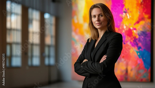 A portrait of a woman standing confidently in a contemporary art gallery, with a large, colorful 