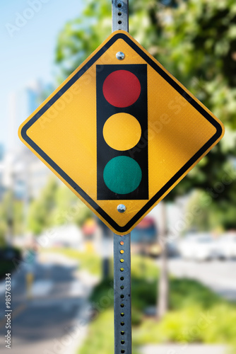 Stop light ahead yellow sign with a traffic signal on it for drivers, runners and cyclists.
