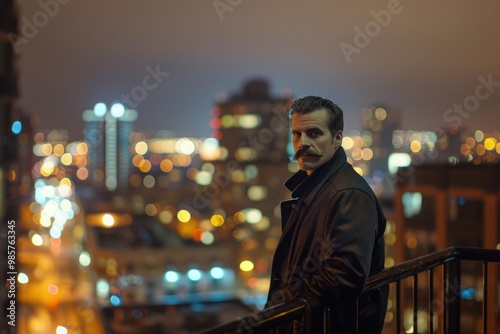 Man Standing on Balcony Overlooking Bustling City at Night with Styled Movember Mustache