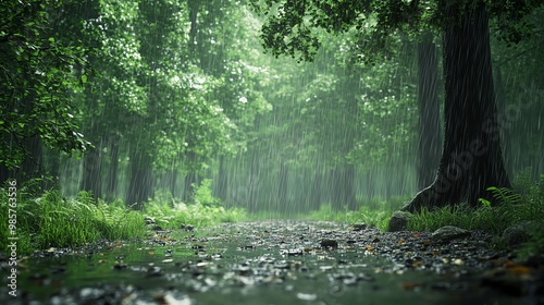 A rain-soaked forest path with lush greenery and a single tree trunk. The path is lined with rocks and grass, and the rain is falling heavily, creating a misty atmosphere. photo