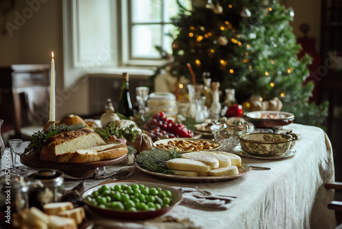 Festive dinner table, decorated, Christmas, thanksgiving meal, food, bokeh lights, cozy holiday atmosphere, family feast concept