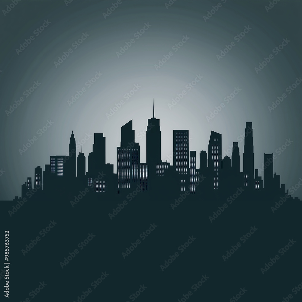 Fototapeta premium Monochrome City Skyline Silhouette Against Dark Gradient Sky