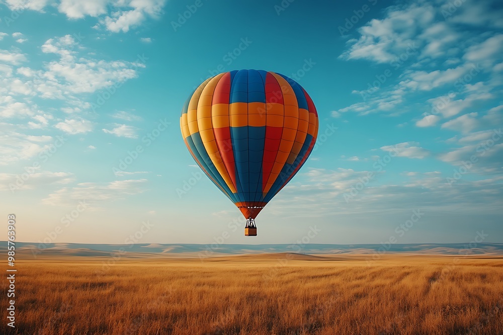 Naklejka premium Colorful hot air balloon flying over golden field at sunrise.