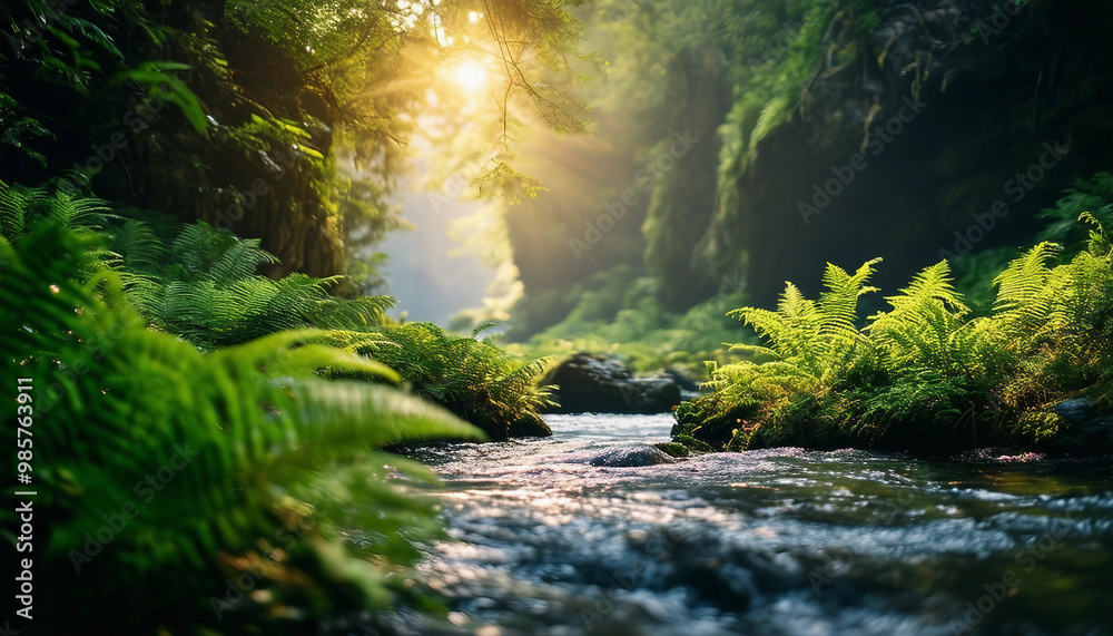 A serene forest canyon bathed in sunlight, with large ferns and lush greenery along the riverbank A serene forest canyon bathed in sunlight, with large ferns and lush greenery along the riverbank