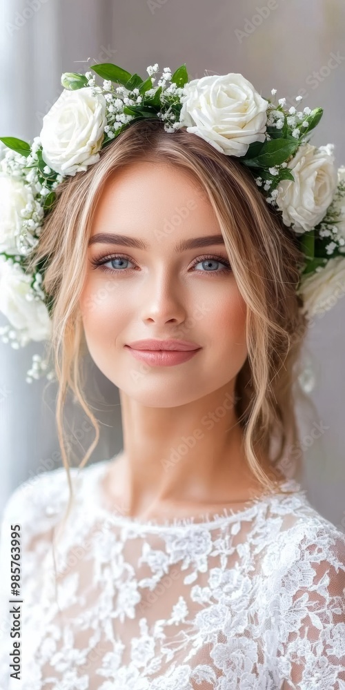 Obraz premium Blushing Bride: Portrait of a beautiful blonde woman with a delicate white floral crown, her ethereal beauty radiating joy and anticipation on her wedding day. 