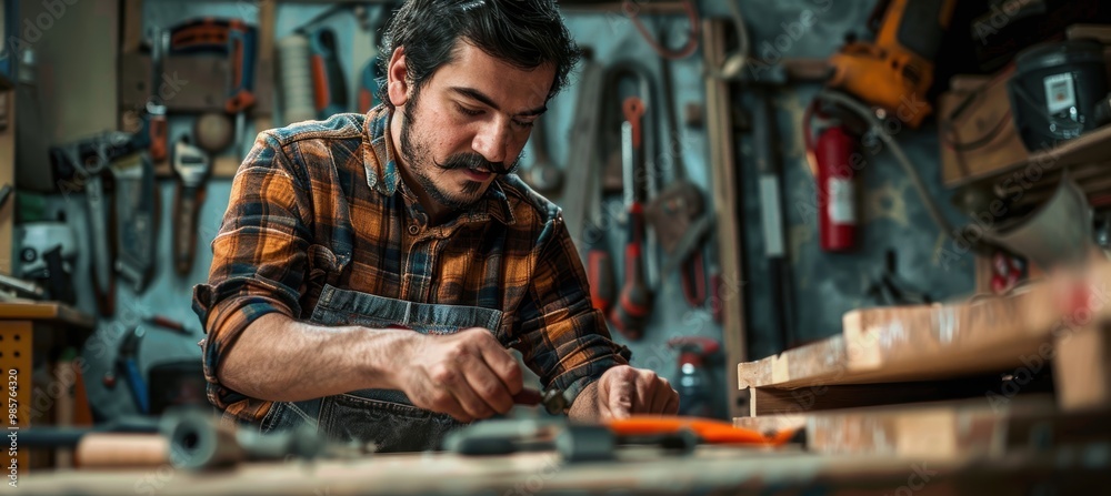 Dedicated Craftsman Assembling a Wooden Project in His Workshop - Skills and Handiwork Focused Scene Dedicated Craftsman Assembling a Wooden Project in His Workshop - Skills and Handiwork Focused Scene
