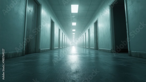 A long hallway with a light shining down on it