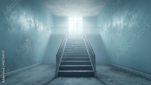 A staircase in a dark room with a window