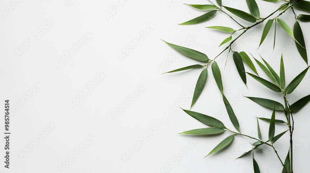 Green bamboo leaves on a white background with space for copy. Green bamboo leaves on a white background with space for copy.