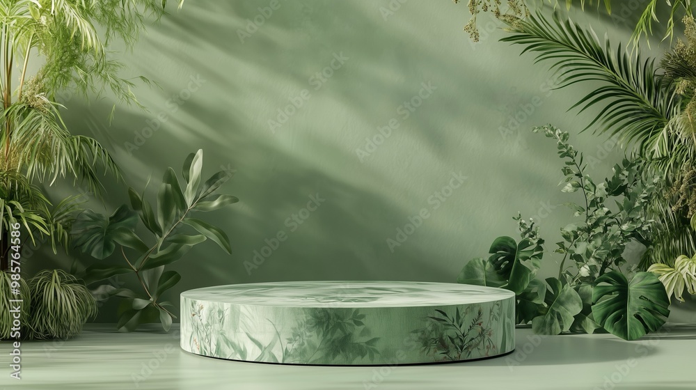 A serene green setting with a circular pedestal surrounded by lush foliage, perfect for displaying products or artistic displays.