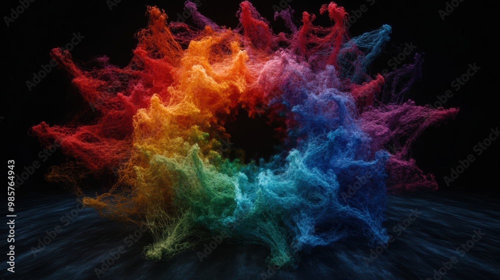 Obraz premium Dynamic abstract image featuring an explosion of colorful, swirling fibers forming a vibrant, rainbow-like structure on a dark background.