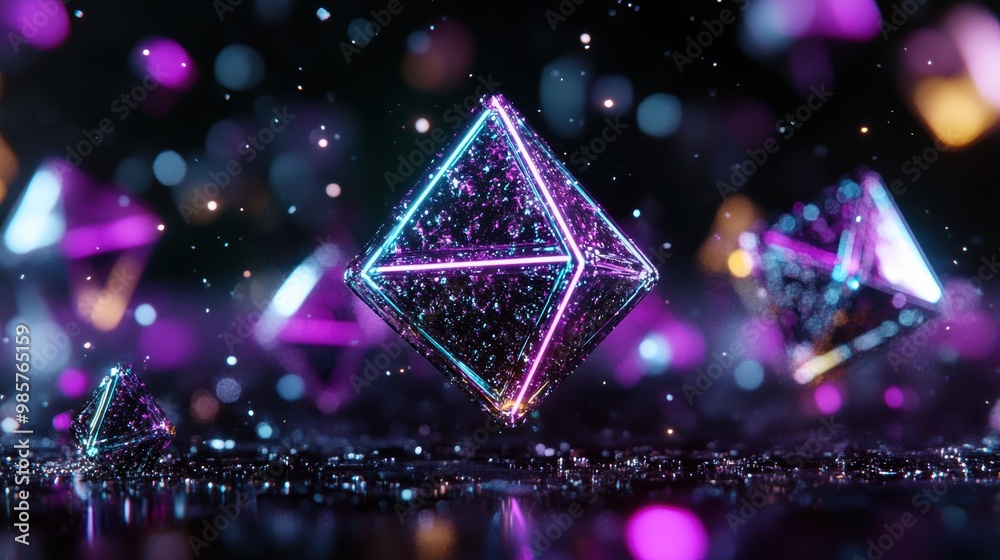 Floating geometric shapes illuminated by neon lights in a vibrant, futuristic scene filled with glowing particles and reflections. Floating geometric shapes illuminated by neon lights in a vibrant, futuristic scene filled with glowing particles and reflections.