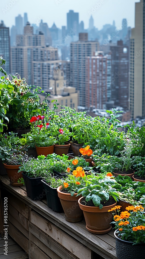 A rooftop garden with potted plants and flowers in front of a blurred city skyline. A rooftop garden with potted plants and flowers in front of a blurred city skyline.